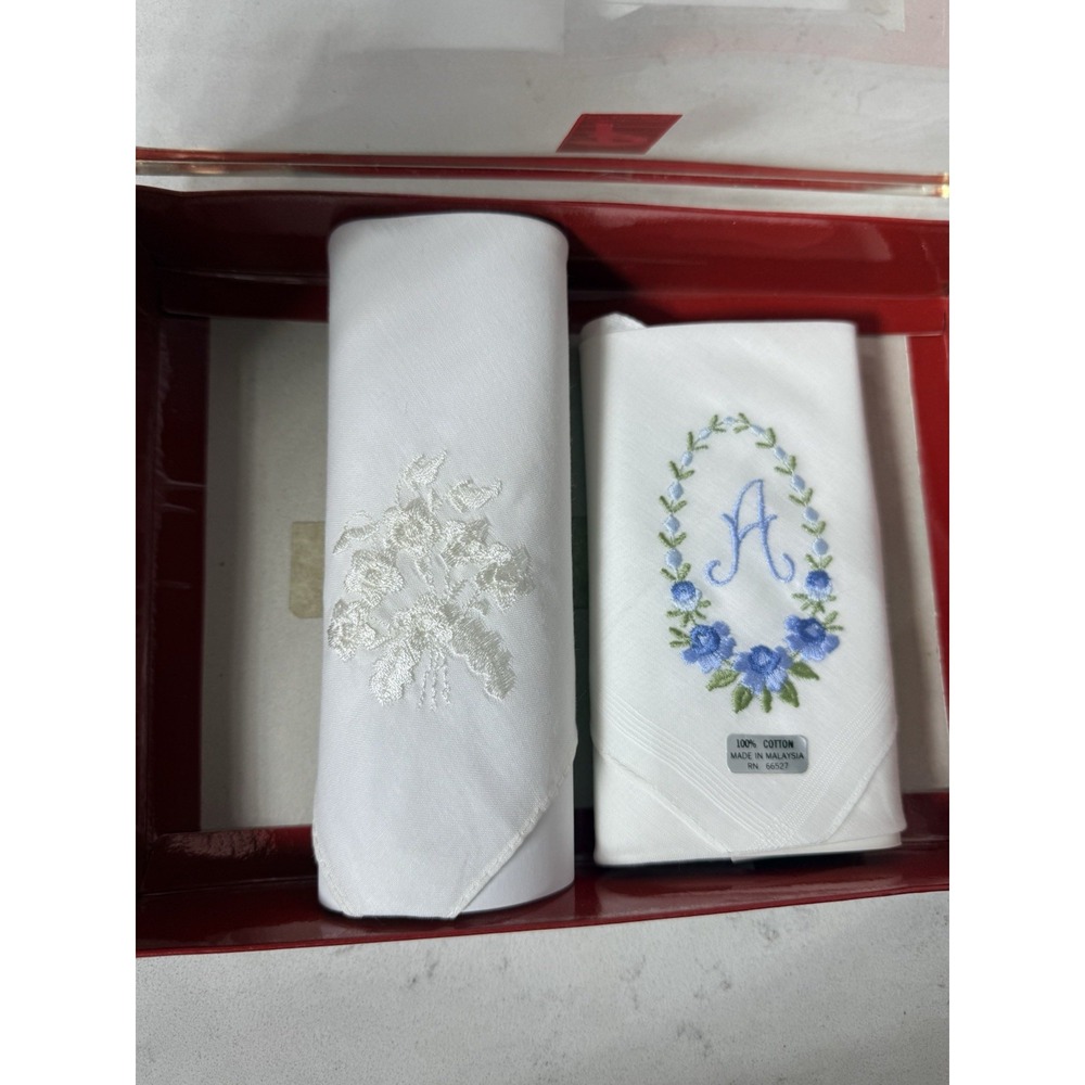 Vintage 2 White Hankies Blue Monogram & Hand Embroidered Flowers Made Malaysia
